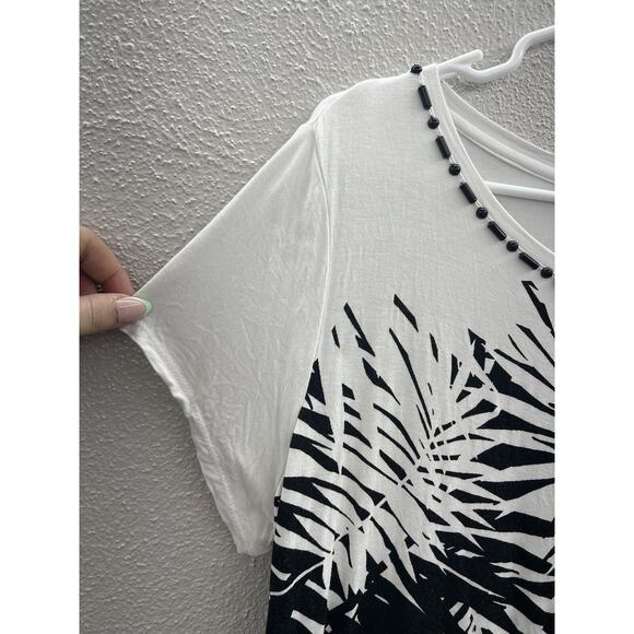 Womens Ruby Rd White Floral Beaded Neckline Ruched Side Short Sleeve Shirt Large - Picture 2 of 11